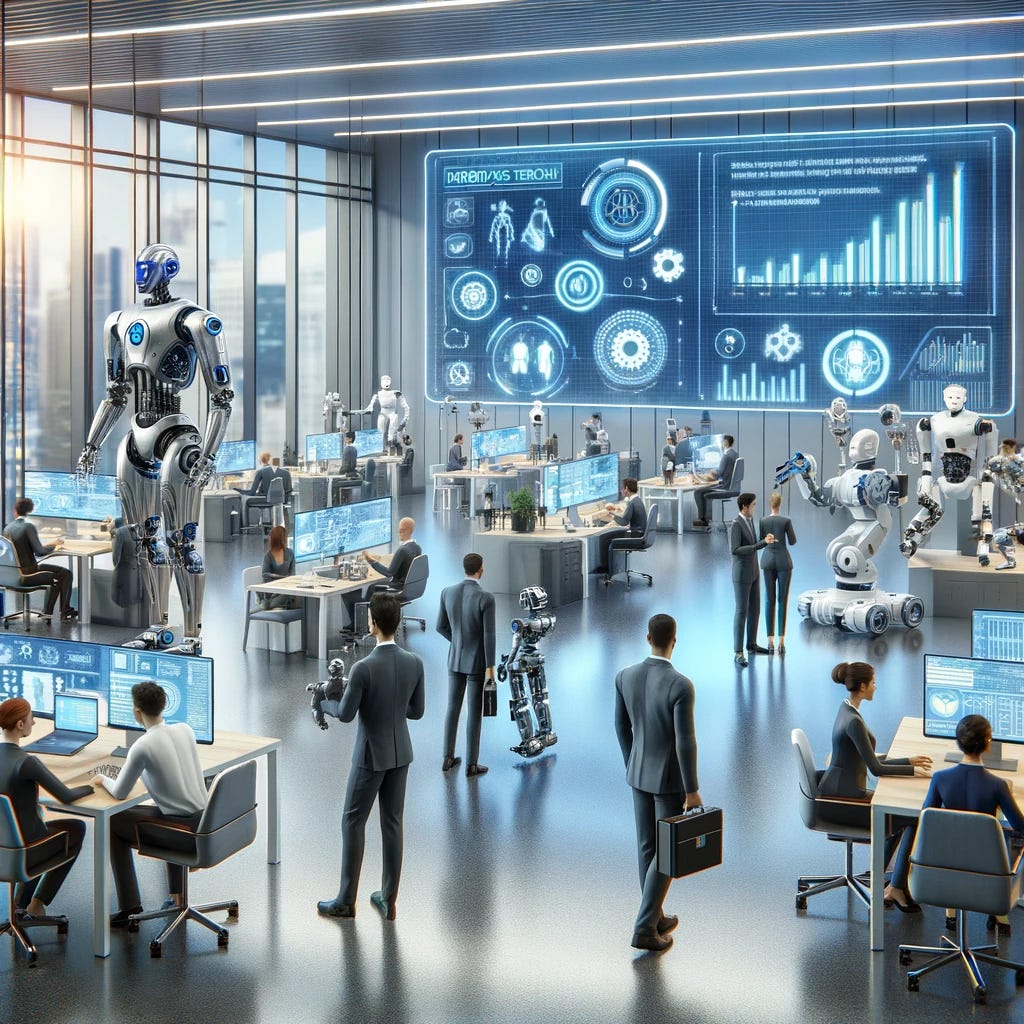 A futuristic office environment, illustrating the integration of robotics into the workforce. The scene shows a diverse group of human workers collaborating with various advanced robots. In the background, a large display screen shows graphs and data analytics related to robotics trends. The setting is modern and well-lit, with sleek furniture and high-tech equipment. The robots range from humanoid robots assisting in tasks to robotic arms handling materials. This image represents the concept of robotics transforming the modern workplace, as discussed in a white paper on the impact of robotics on the workforce.