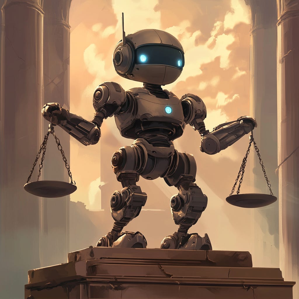 an illustration of a robot as a justice statue