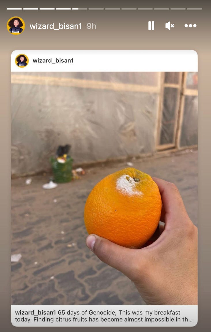 Palestinian filmmaker Bisan's hand holds an orange