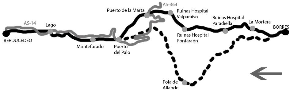 Recorrido de la etapa 5 del Camino Primitivo (variante por Hospitales) entre Borres y Berducedo