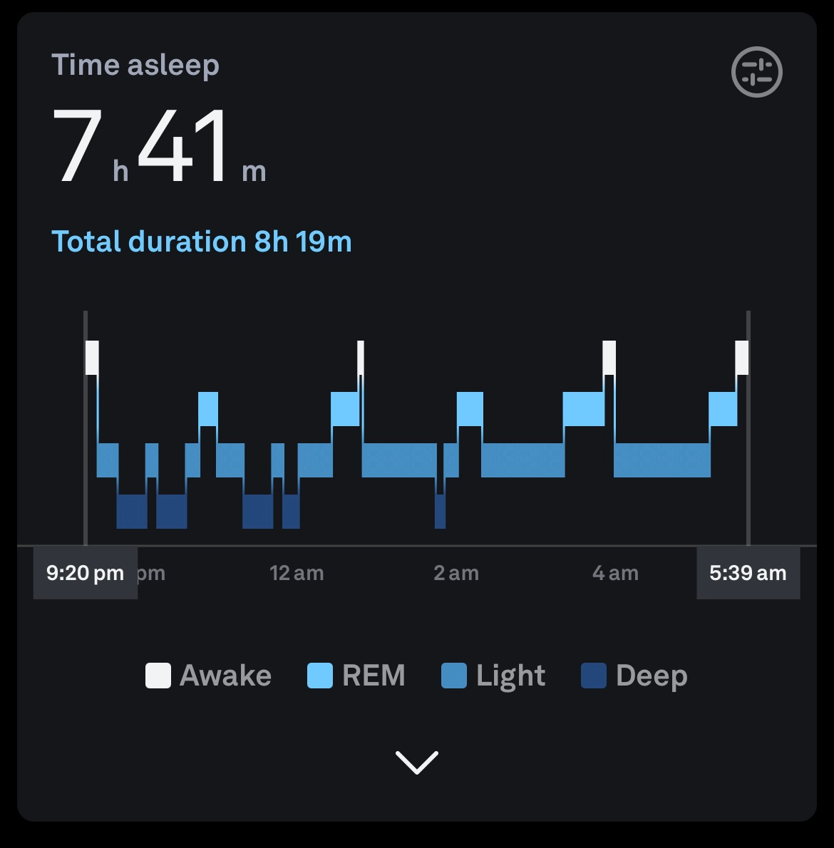 Screenshot of sleep data showing REM and deep sleep 