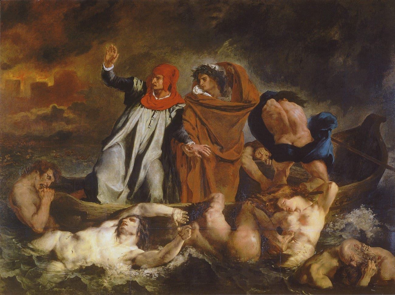 Painting of figures in a storm-tossed ship. Demonic figures attack the boat and its inhabitants.