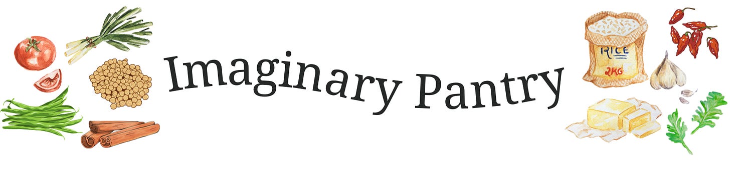 The Imaginary Pantry logo featuring drawings of vegetables, herbs and spices with the words 'Imaginary Pantry' in between