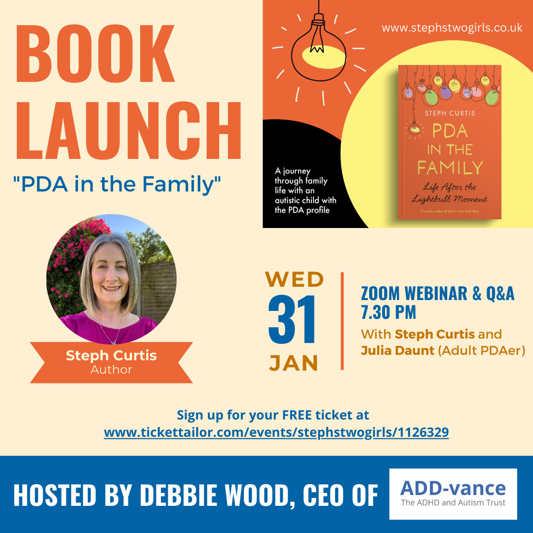 pale orange background with bright orange book cover of pda in the family text says book launch wed 31 jan zoom webinar & Q&A 730pm with steph curtis and julia daunt adult pdaer sign up for free ticket at https://www.tickettailor.com/events/stephstwogirls/1126329