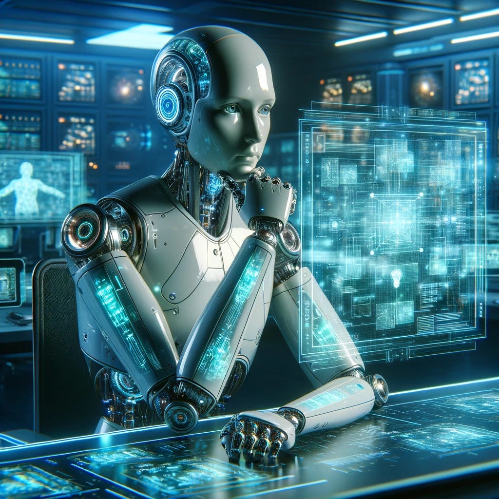 A futuristic scene depicting a cool, advanced artificial intelligence language model, visualized as a sleek, metallic humanoid robot with glowing circuit patterns on its body. The robot is sitting at a modern, holographic desk, with floating holographic screens showing complex algorithms and equations. It's deep in thought, with a focused expression, analyzing the problem. The background is a high-tech lab with advanced computers and digital displays, illustrating the breakdown of a complex problem into logical steps. The atmosphere is illuminated with soft blue and green lights, highlighting the robot's contemplation.
