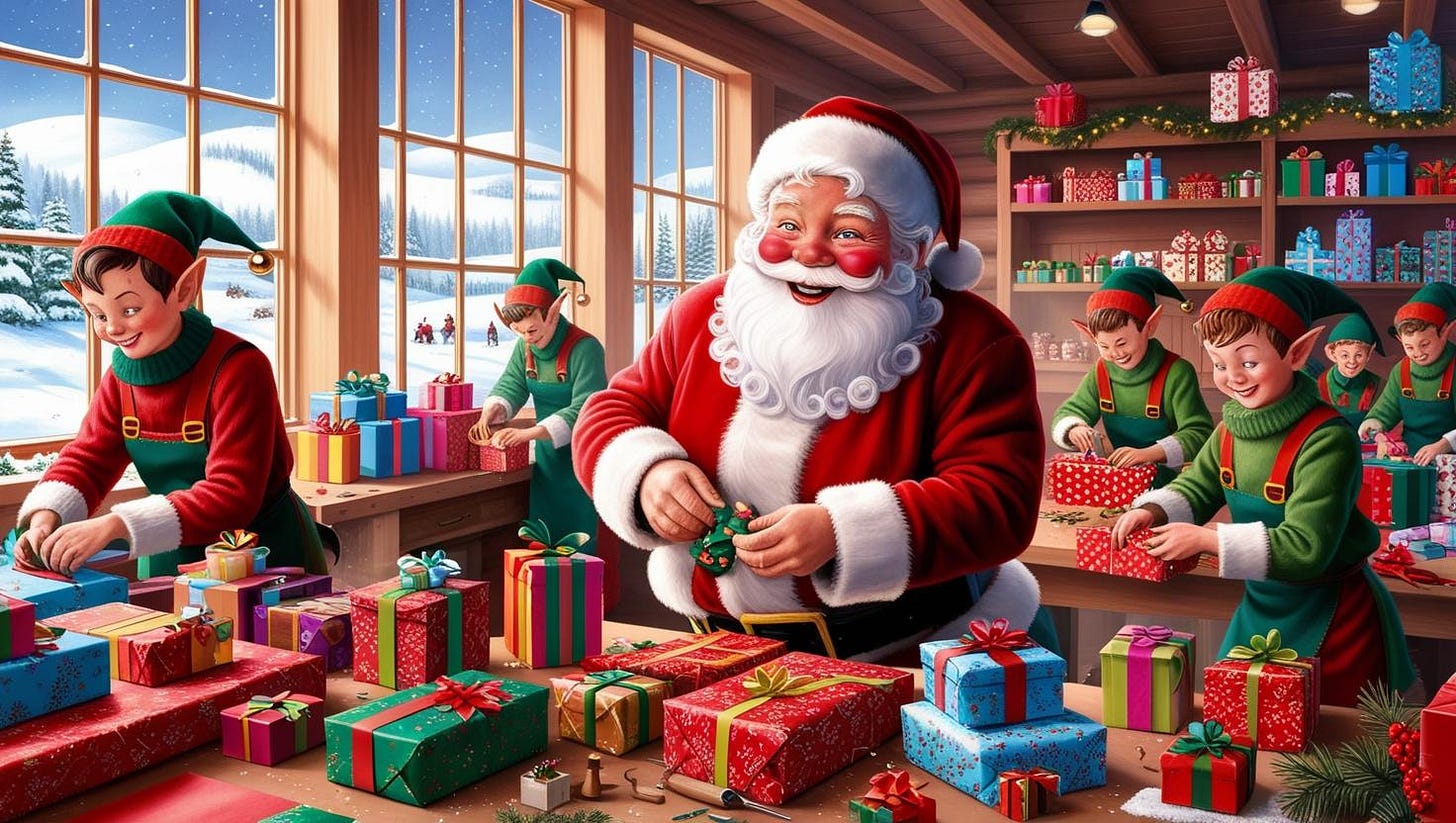 Father Christmas in the centre with his red suit with white fur trim.  He has ruddy red cheeks.  He is surrounded by elves who are busy wrapping presents and making them look pretty with bows.