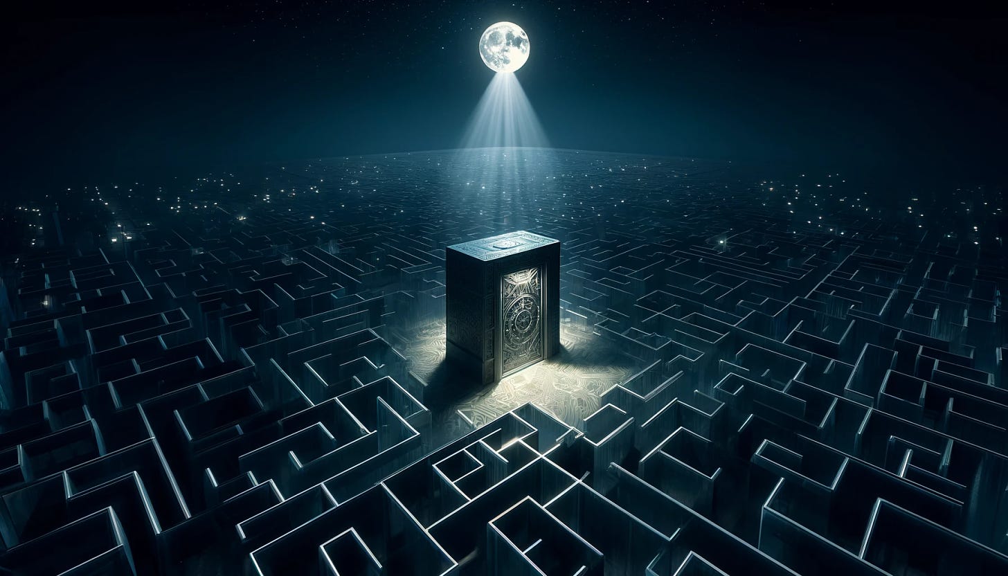"Shadows and Secrets": A night scene depicting a labyrinth of translucent walls under the moonlight, casting complex patterns of shadows on the ground. In the labyrinth's center, a dark, opaque vault stands, absorbing all light, with a single beam of light spotlighting it from above. The contrast between the transparent maze and the impenetrable vault emphasizes the selective secrecy within an open environment.