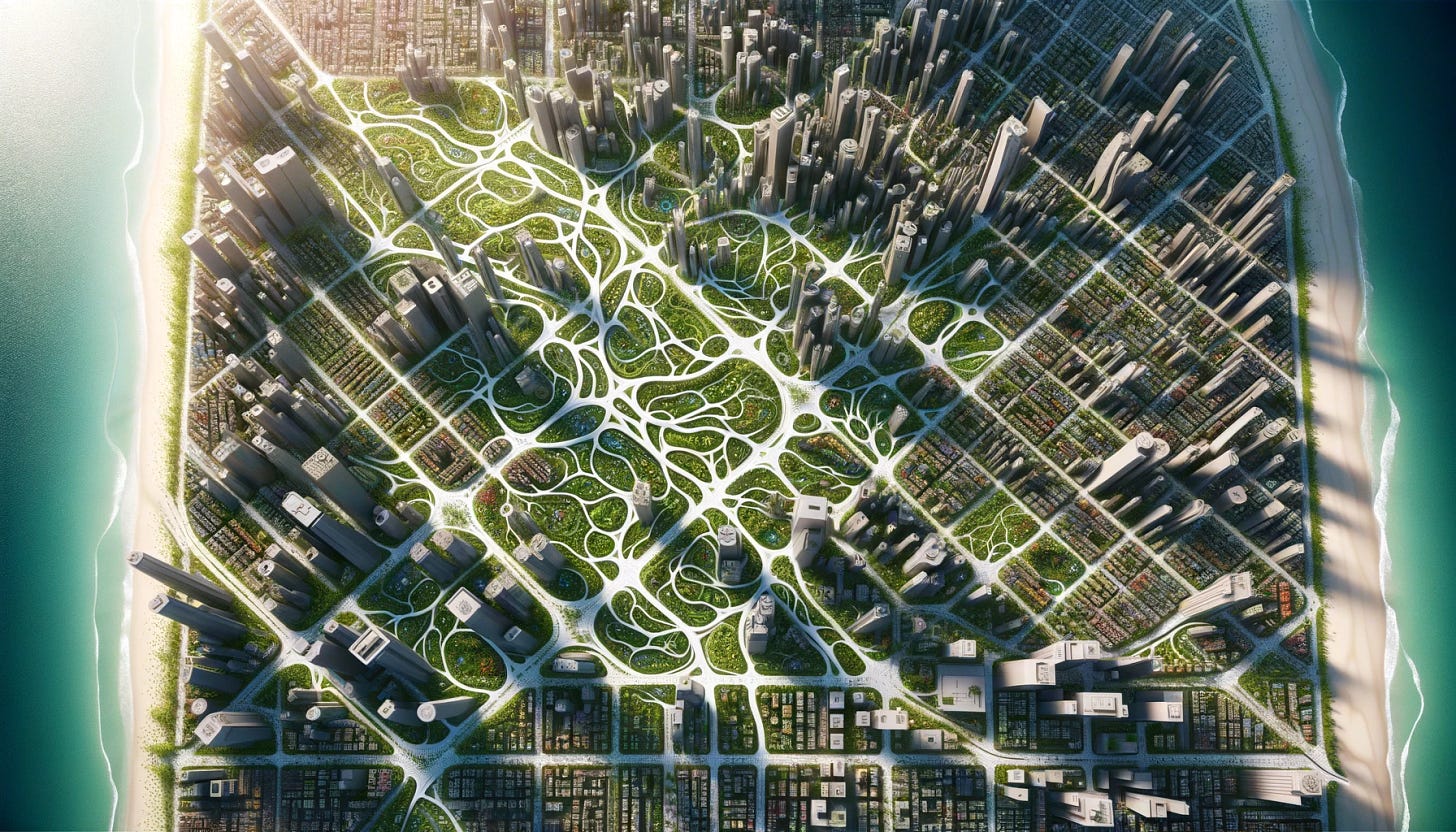A cityscape viewed from above, designed following Bejan's Constructal Law. The layout resembles a complex, natural vascular system, with streets and buildings organized to mimic the branching patterns of blood vessels or tree roots. The city is a harmonious blend of organic and urban elements, featuring green spaces that weave through the urban fabric like capillaries, connecting larger parks reminiscent of vital organs. Architectural styles vary but are integrated seamlessly, promoting efficient flow of people, resources, and energy throughout the city. The overall appearance should suggest that the city itself is a living, breathing organism, optimized for sustainability and resilience.