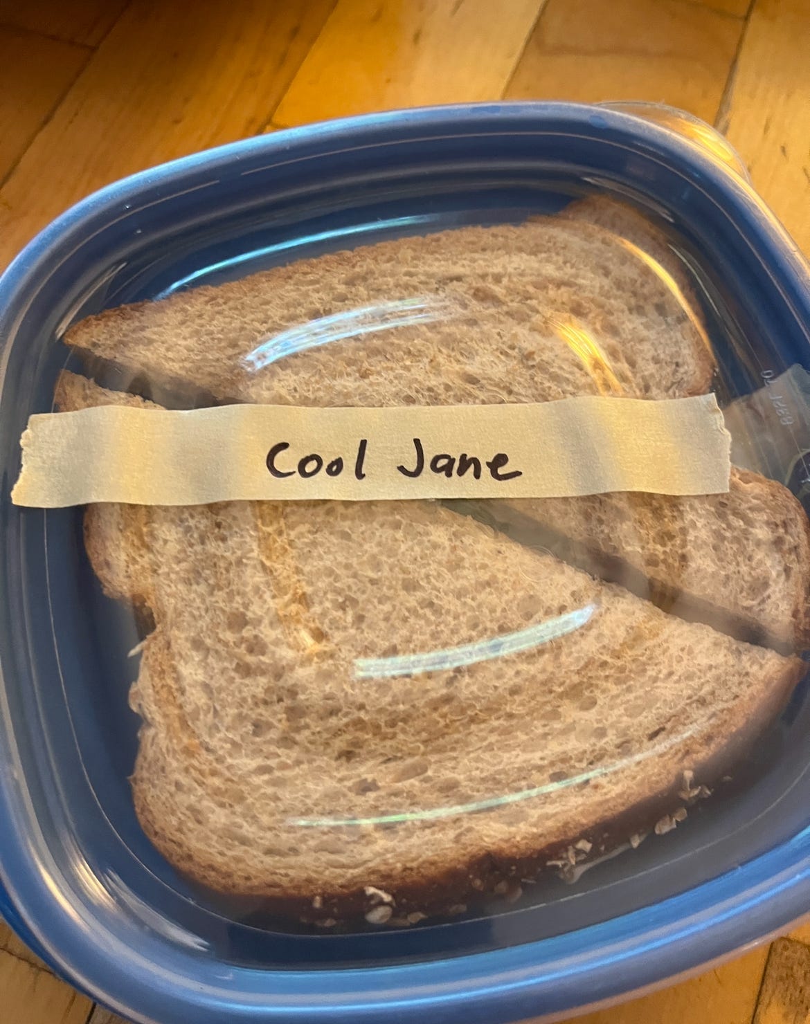 A tupperware container with a sandwich in it. A piece of masking tape with the name "Cool Jane" in sharpie pen is on the lid.