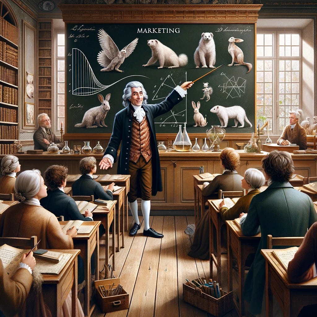 An 18th-century classroom setting with Carl Linnaeus, depicted as a middle-aged Caucasian man wearing traditional 18th-century academic attire, teaching a class. He is enthusiastically explaining marketing concepts by drawing various animals and a Gaussian curve on a blackboard. The classroom is filled with attentive students in period clothing, sitting at wooden desks with quill pens and paper, surrounded by shelves of old books and specimens in glass jars. The atmosphere is lively and educational, with a mix of historical and modern educational elements.