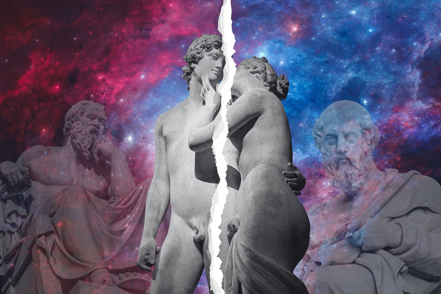 Four greek statues in front of a cosmic space background. A male and female statue of two lovers is split in two.