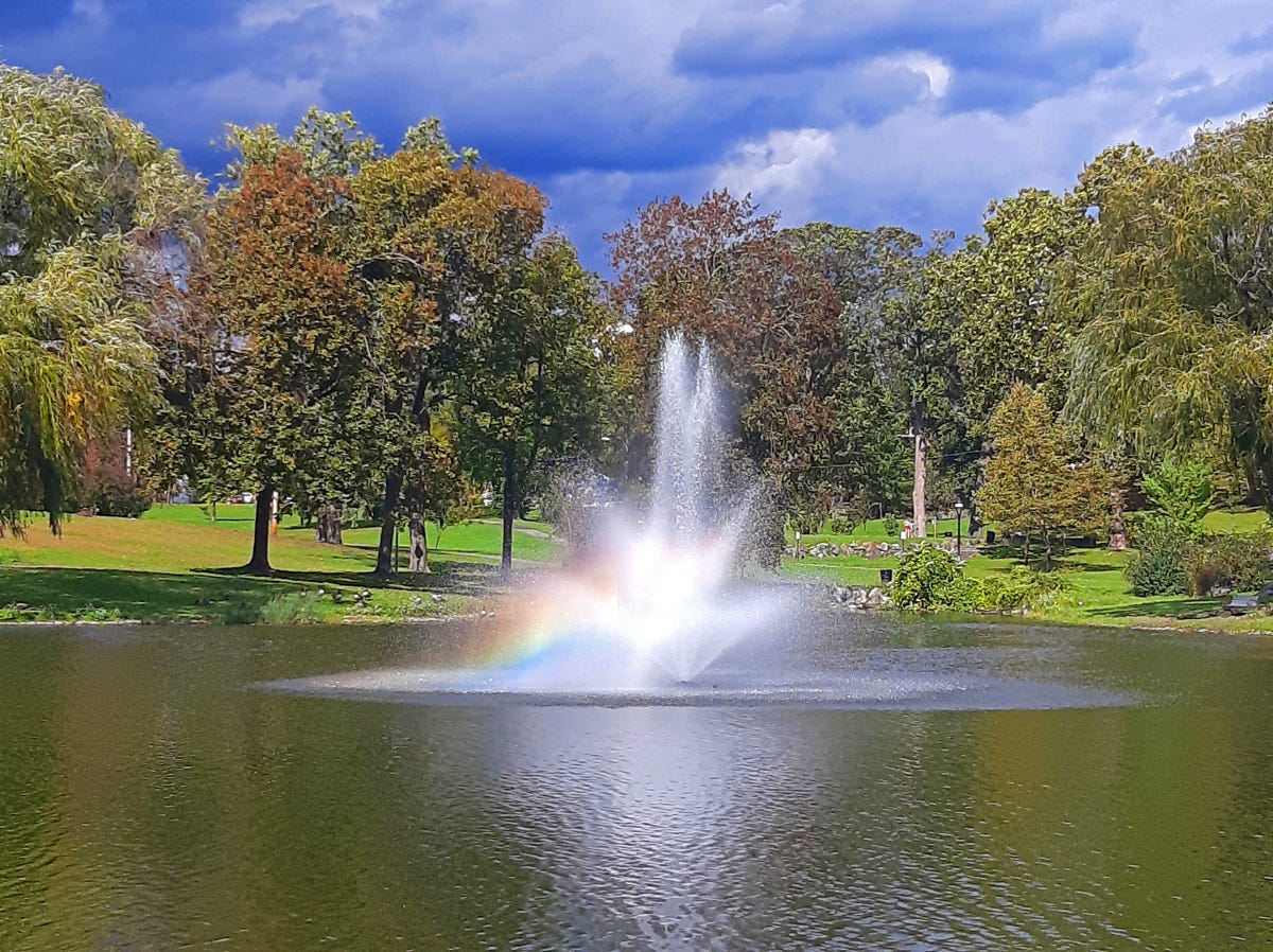  Photo of a rainbow refracted on a water fountain, taken by the author Louisa Wah