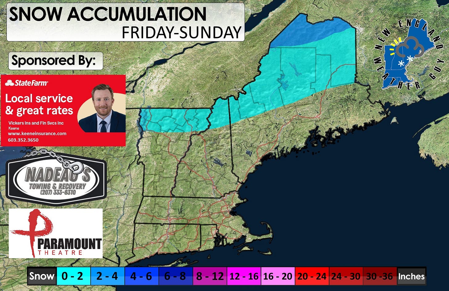 May be an image of 1 person, map, snowplow and text that says 'SNOW ACCUMULATION FRIDAY-SUNDAY Sponsored By: StateFarm Local service & great rates Vickers andFin .keeneinsurance. com 03.352.3650 NADEAO TOW2033380ER (207 TOWING RECOVERY PARAMOUNT THEATRE Snow 0-2 2-4 4-6 8-12 20 24-30 30-36 Inches'