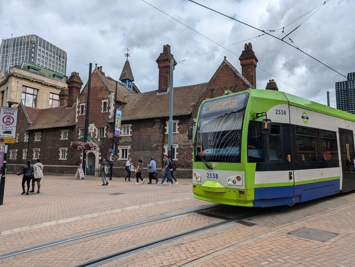 A tram travelling through Croydon town centre