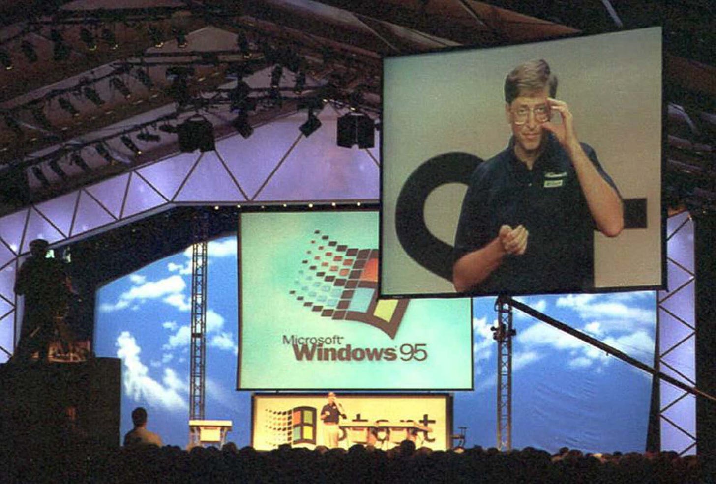 Microsoft CEO Bill Gates launches Windows 95 before a crowd of thousands in Redmond, Washington.