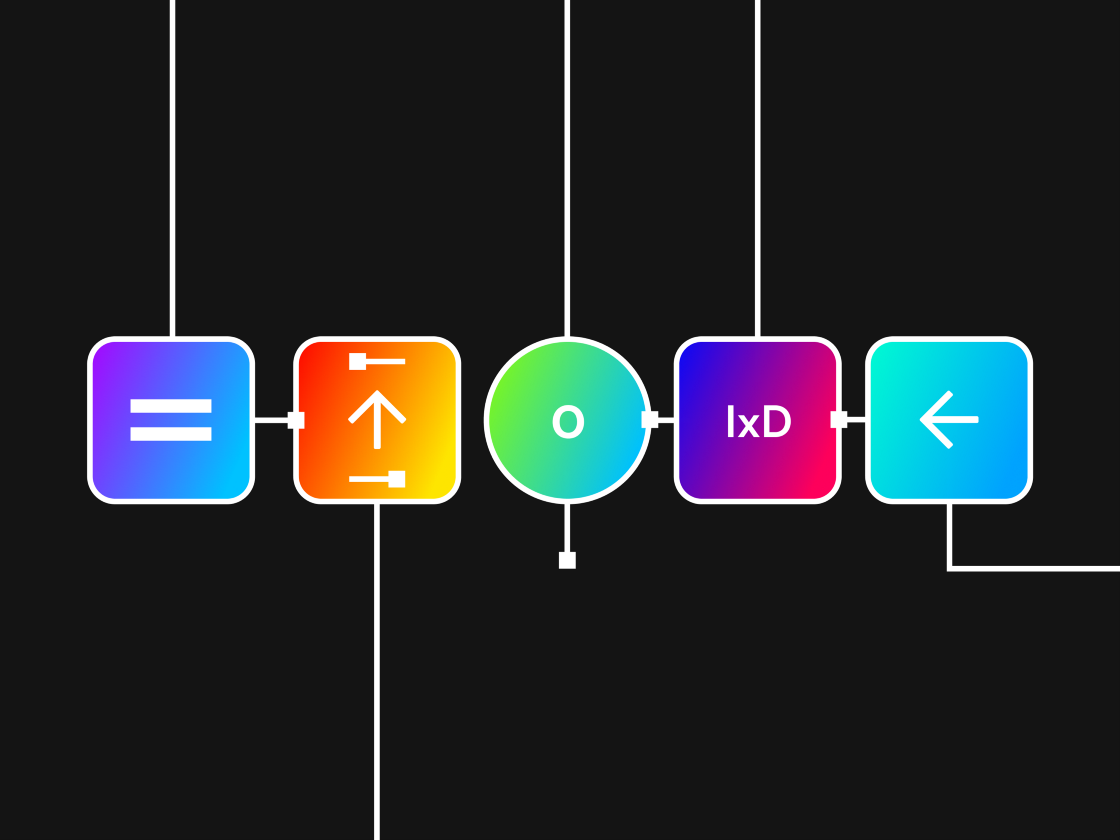A masthead illustration of colorful boxes and arrows for interaction design.