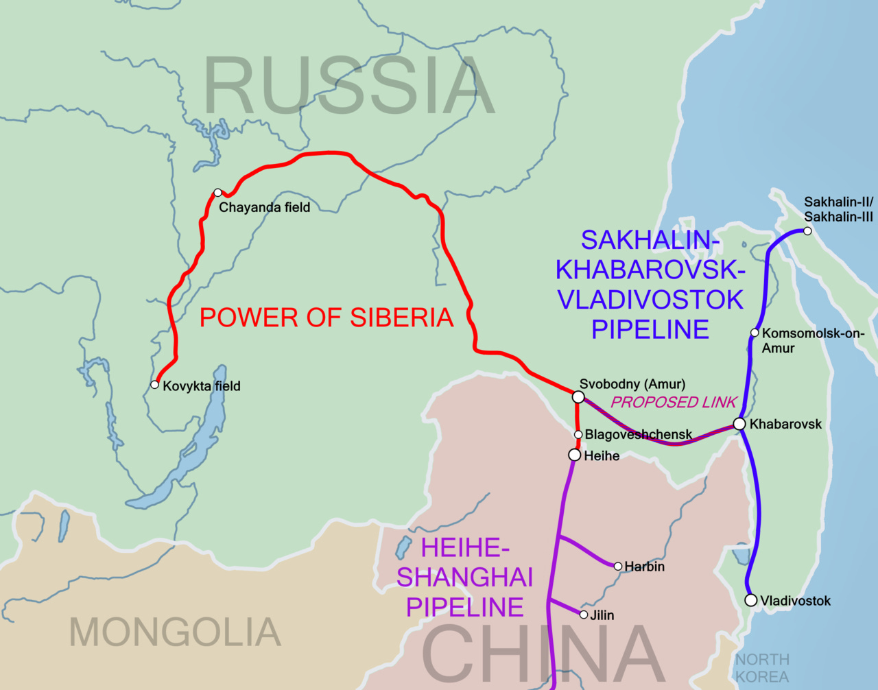 The routes of the Power of Siberia pipeline (left), the Sakhalin–Khabarovsk–Vladivostok pipeline (right) and the proposed link between them (centre)