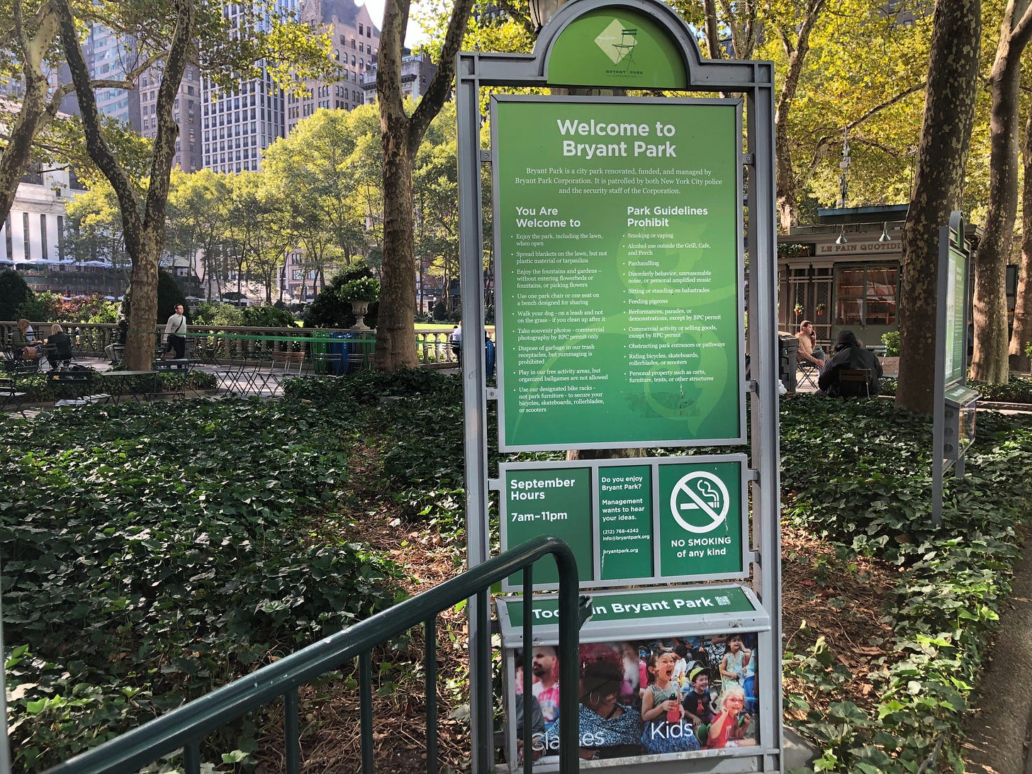 welcome sign at bryant park