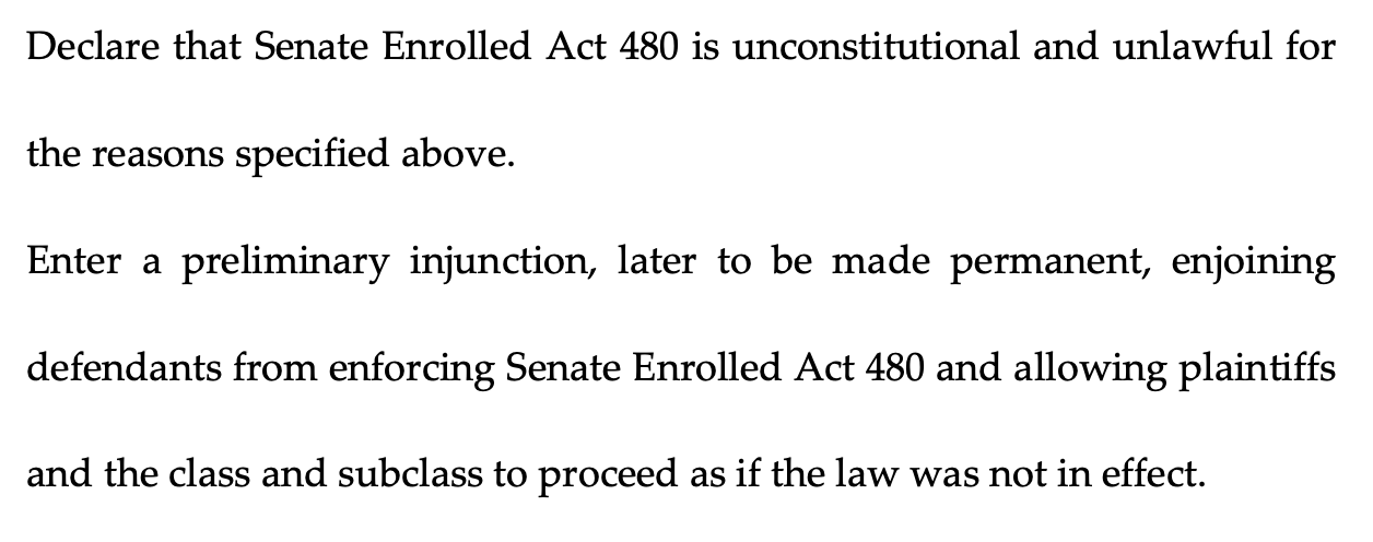 Declare that Senate Enrolled Act 480 is unconstitutional and unlawful for the reasons specified above. 4. Enter a preliminary injunction, later to be made permanent, enjoining defendants from enforcing Senate Enrolled Act 480 and allowing plaintiffs and the class and subclass to proceed as if the law was not in effect.