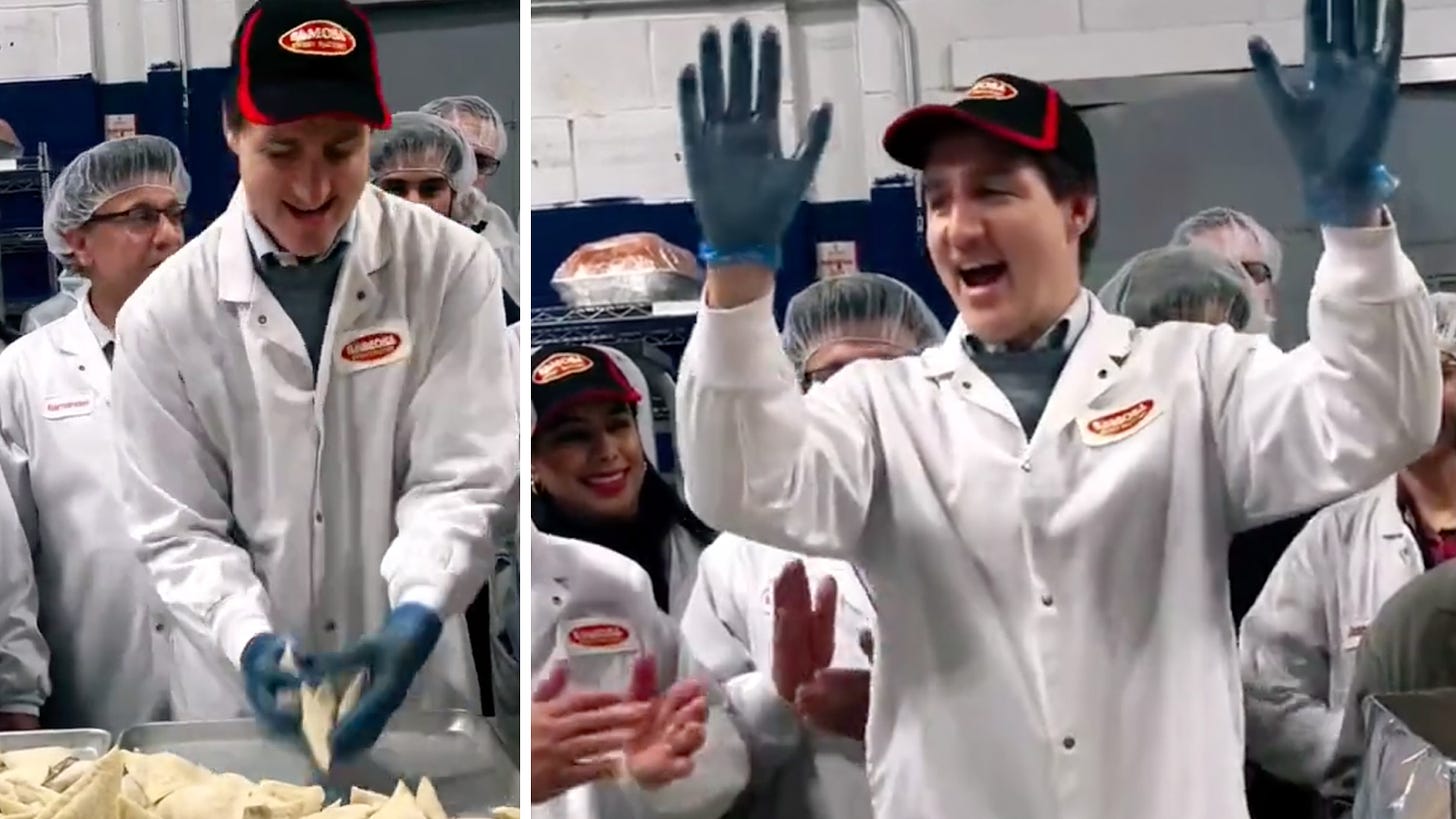 Justin Trudeau packages samosas at Toronto factory for photo op