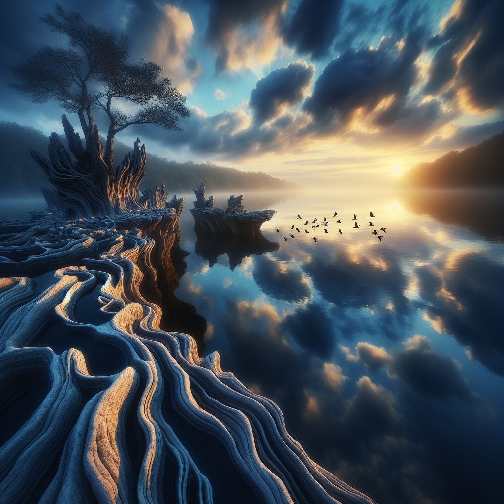 Hyper realistic; Close up; lensbaby  rock formation in the water. in foreground. birds in distance. foreshortening of tree..deep blue river reflecting and soft feathery clouds. vast distance. sunset Ethereal. Luminescent 
