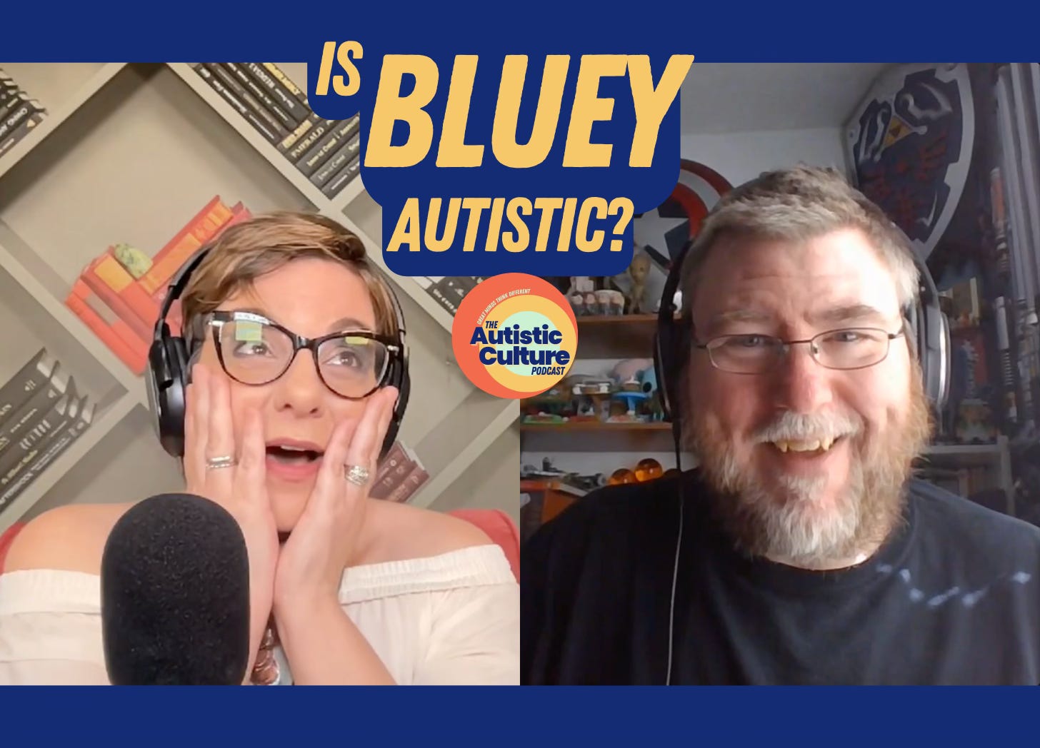 Two Autistic adults, Matt Lowry LPP and Dr. Angela Lauria, record a podcast. The text reads: Is Bluey Autistic?