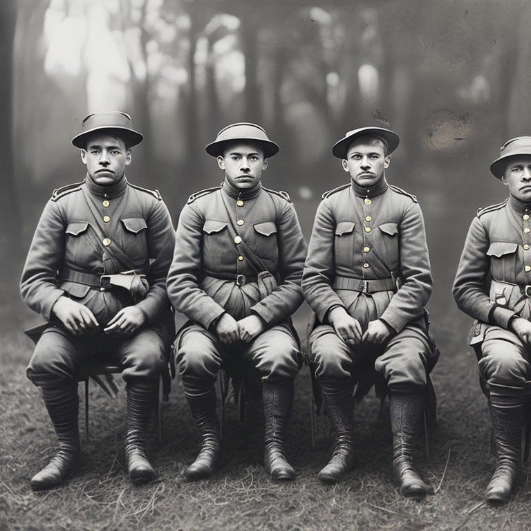 an old image of WWI soldiers, photorealistic, magical mystery