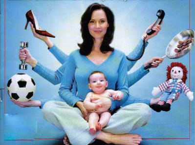 Picture of smiling mother with a baby perfectly juggling work, self-care and family life