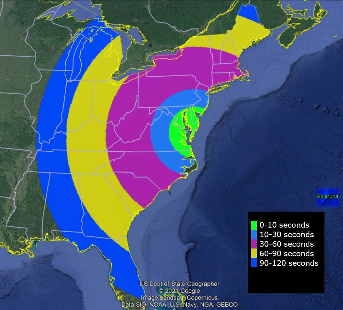 Visibility map for eastern United States showing locations after liftoff to see rocket