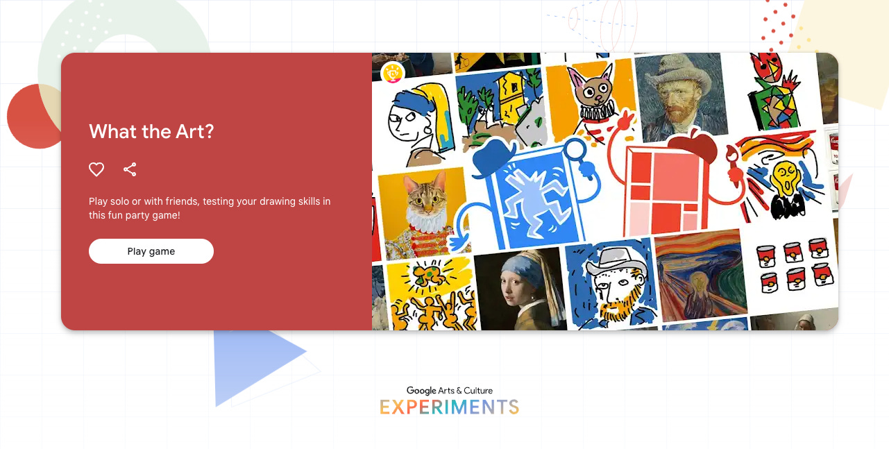 A screenshot of a page from the Google Arts & Culture Experiments website showing a link to start playing a game called 'What the Art?' next to a grid of images showing simplified drawings of a range of famous paintings