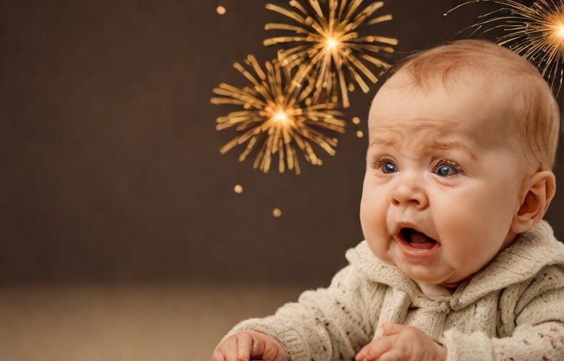 Sad baby new year with fireworks