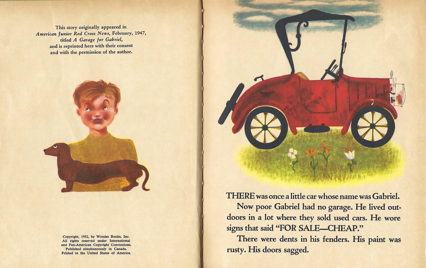 The first two pages of the book with a drawing of a boy with a brown dachsand dog on the left and a drawing of a early twentieth century red car with a black roof and no windows parked on  a patch of green grass and flowers