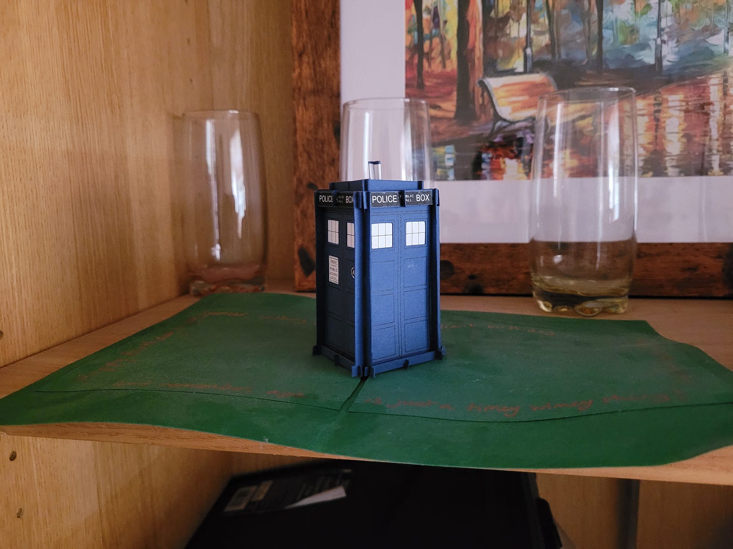 A homemade birthday card with a pop-up TARDIS in the middle.