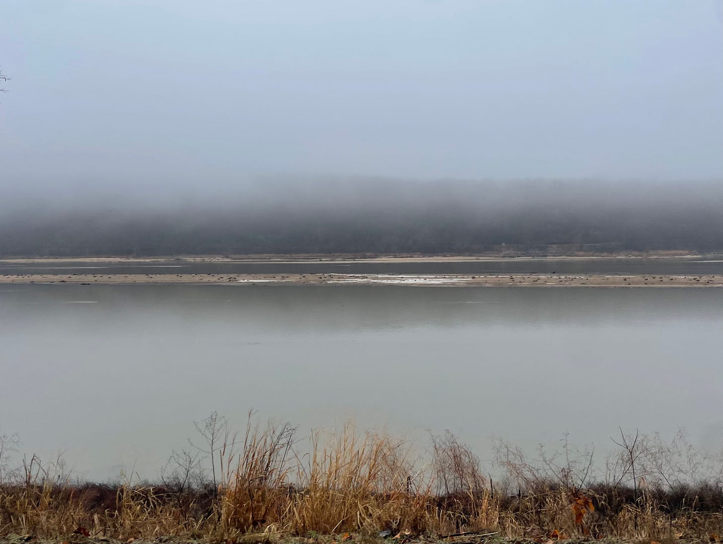 Heavy fog hangs over the smooth, silvery grey surface of the Arkansas River, shrouding the forested shoreline on the snow-dusted bank in the distance. A strip of wintering golden grasses is visible on the near shore at the bottom of the image. Remnants of snow linger on a mid-channel sandbar.