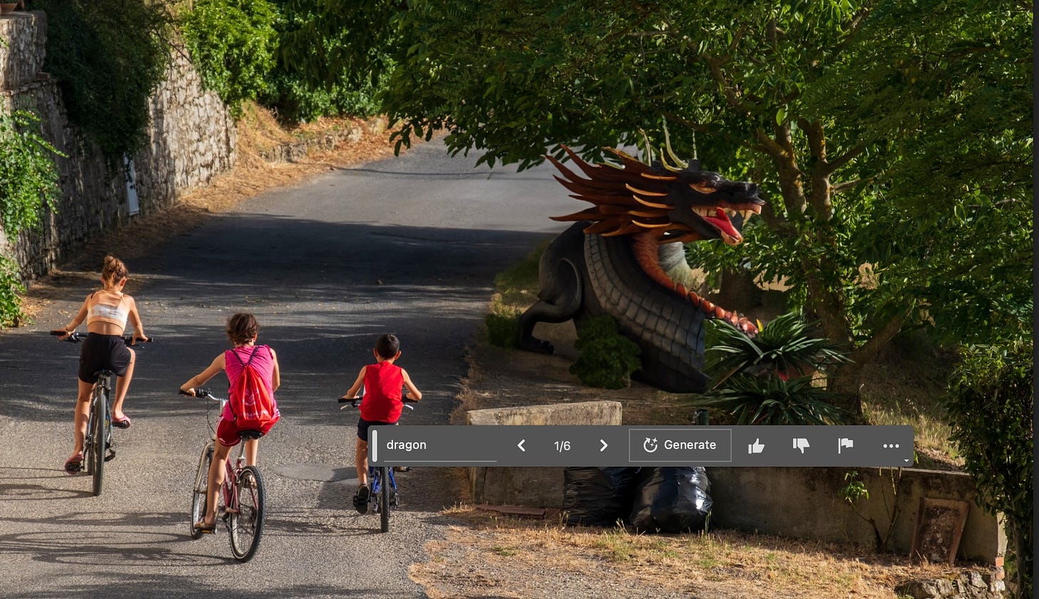 Photo of three children on bicycles on an Italian country rode, with an AI-generated dragon at the side of the road.