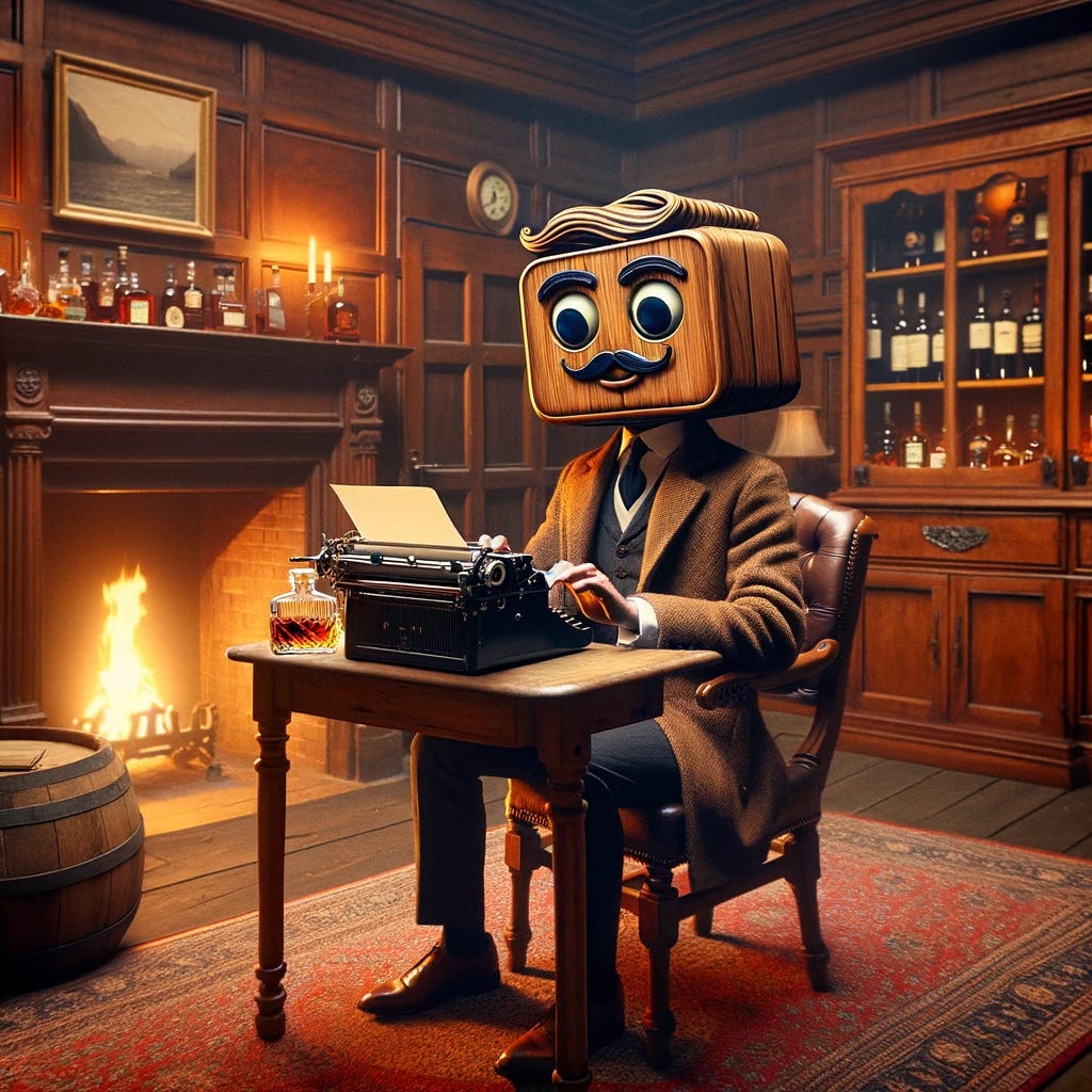 ChatGPT as a character, sitting in an old world study room, surrounded by mahogany walls, near an open fireplace, with a whiskey cabinet in the background. The character is typing on a vintage typewriter at a large oak desk, creating an atmosphere of classic sophistication and intellectual ambiance. 