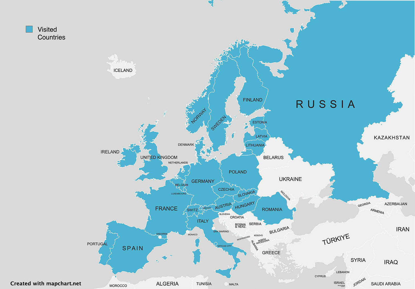 Map of countries visited in Europe.
