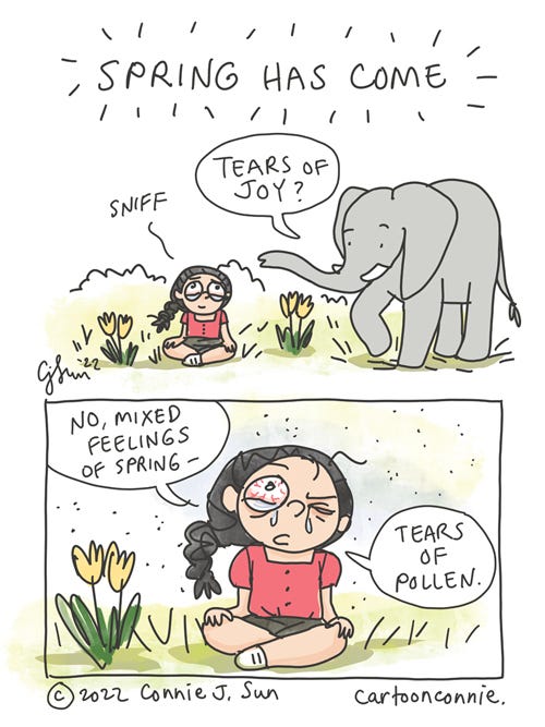 Tears of Pollen Two-panel borderless comic strip of a girl with a braid, sitting in a park, flowers blooming. In large caps, the heading reads "Spring has come." In panel 1, the girl sniffs and an elephant asks, "Tears of joy?" Panel 2 zooms in on her face and red, watery eyes, as the girl responds, "No, mixed feelings of spring -- tears of pollen." Webcomic by Connie Sun, cartoonconnie, 2022.