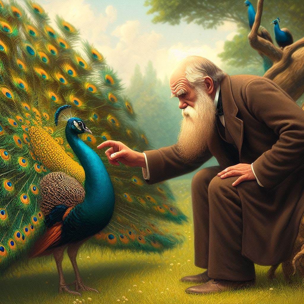 Darwin tocando con extrañeza la cola de un pavo real