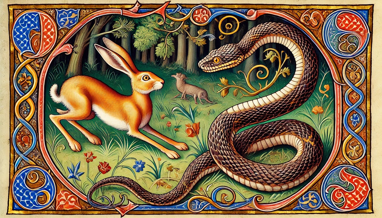  illustrated medieval-style artwork featuring a rabbit and a large snake in a forest setting. The rabbit, depicted with a surprised or startled expression, is in the foreground, poised as if ready to run. The snake is coiled, facing the rabbit, with intricate patterns on its scales and a watchful gaze. The scene is framed by an ornate border filled with decorative elements and intricate designs, typical of illuminated manuscripts. The background includes trees and a small animal, possibly a wolf or dog, blending into the forest. The colors are vibrant, and the overall style is reminiscent of medieval European art.