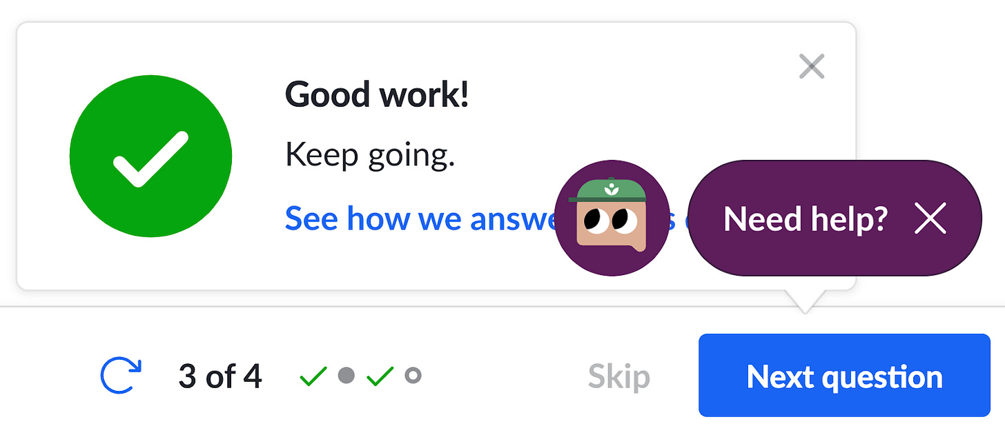 An image of Khanmigo asking “Need help?” above feedback that says “Good work!”