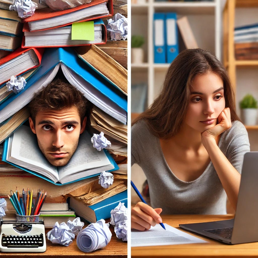 A split-screen image of two students. On the left, a stressed-out student buried under a pile of books, papers, and a laptop, looking overwhelmed and frustrated. On the right, a confident student sitting at a desk with minimal materials, engaged in a hands-on learning activity, looking focused and accomplished. The contrast highlights information overload versus practical learning.