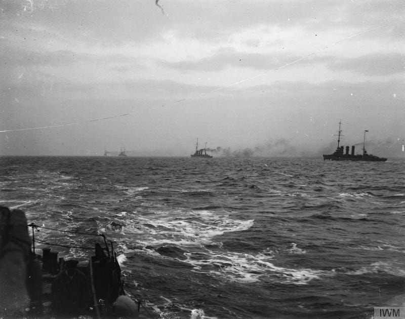 Three German ships in a line steaming across the North Sea. Black and white photograph.