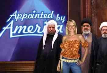 Older men in Arab-style garb and a younger blonde American woman stand in front of a screen saying "Appointed by America."