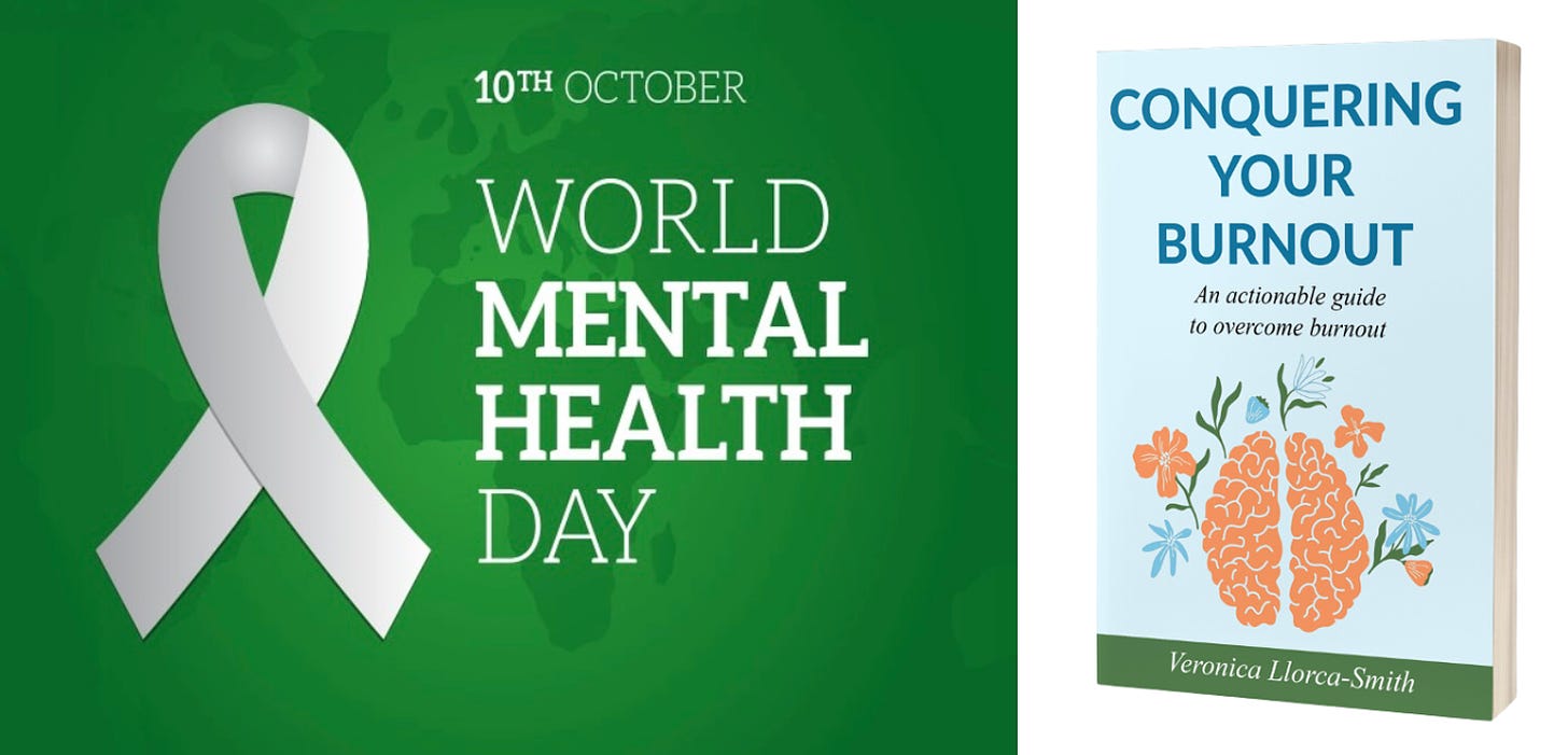 Green banner of World Mental Health Day and book cover of conquering your burnout (blue) 