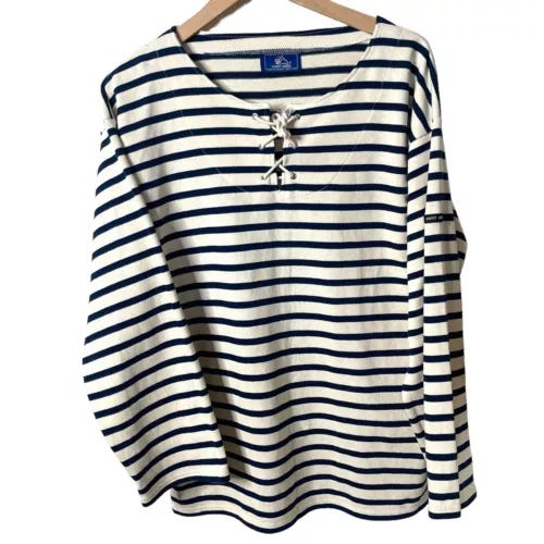 Saint James Striped Sailor Shirt Lace Up Tunic Long Sleeve Navy Ivory Large - Picture 1 of 13