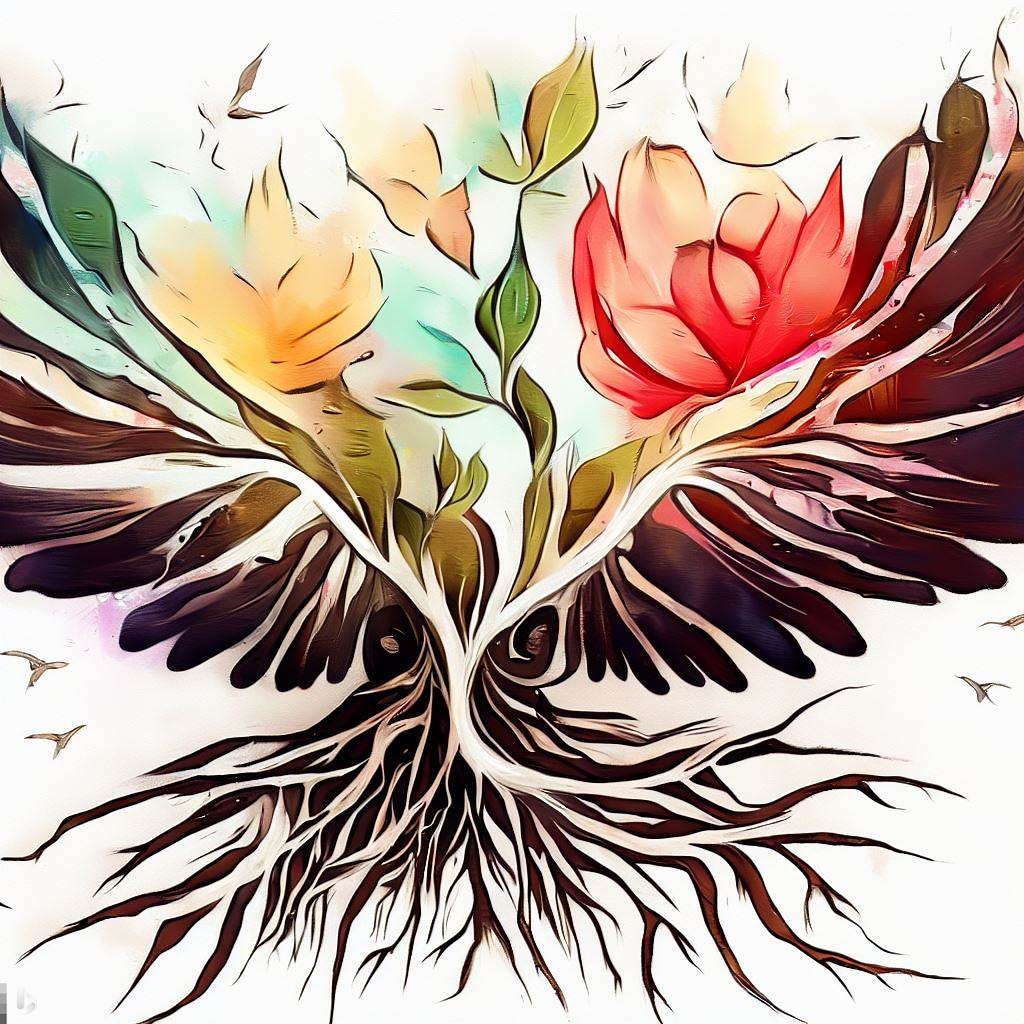 roots and wings, beautiful floral painting