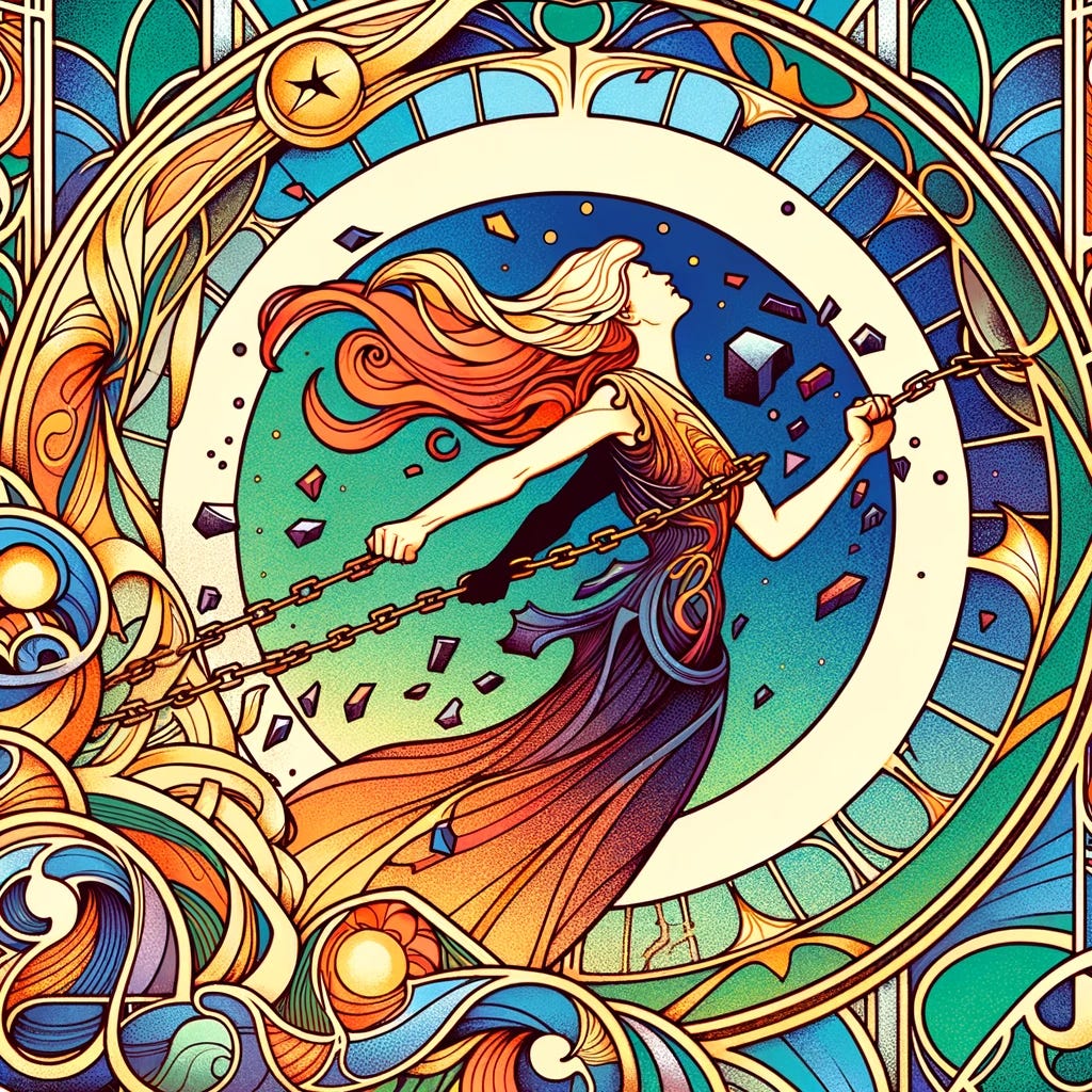 A colorful Art Nouveau style illustration of a female figure breaking free from chains. The image should convey a sense of liberation and empowerment, with the female figure depicted in a dynamic pose, shattering the chains that bind her. The background should be ornate and stylistic, typical of the Art Nouveau movement, with flowing lines, natural forms, and vibrant colors. This image symbolizes personal empowerment, the breaking of metaphorical chains, and the triumph of individual will and responsibility for a female figure.