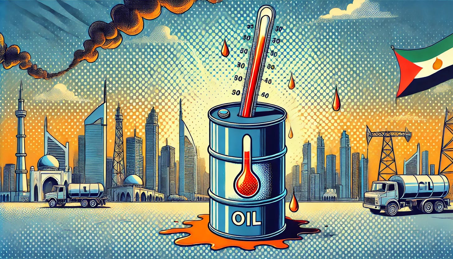 A dynamic pop-art style illustration depicting the concept of oil prices cooling down. The scene includes an oil barrel with a thermometer bursting, set against a Middle Eastern cityscape backdrop to symbolize the regional influence. The image should convey a decrease in demand with visible, downward-pointing arrows and muted, cool color tones like blues and grays. The setting should be vibrant but with a clear depiction of a cooling or slowing down theme, reflecting the 'cooling' of oil demand. The artwork should be in a horizontal rectangular format.