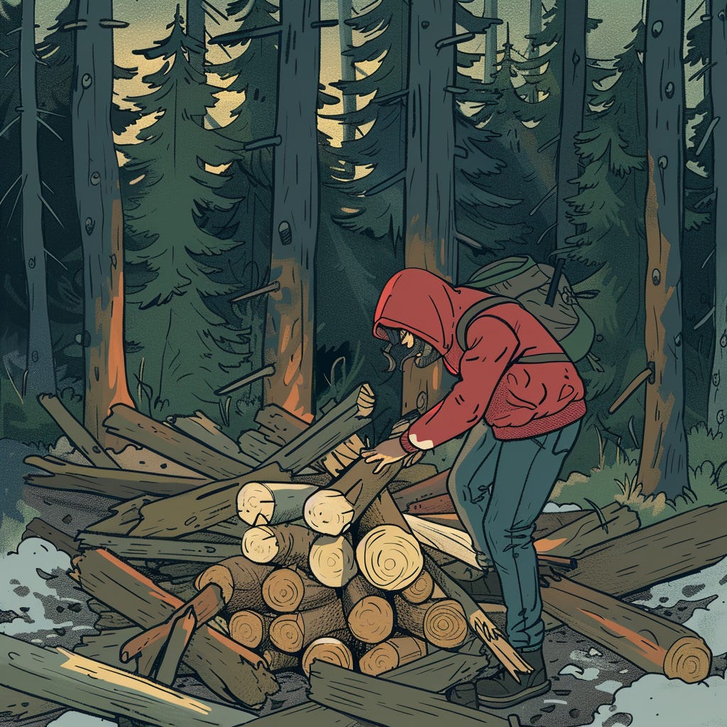 A person collecting wooden logs